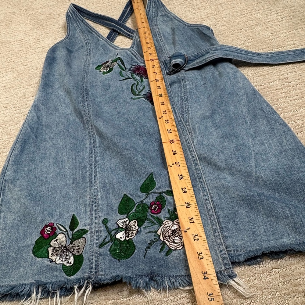 H&M X Coachella Floral Embroidered Denim Overall Dress Size 12 Wrap Front Belt - Picture 10 of 13